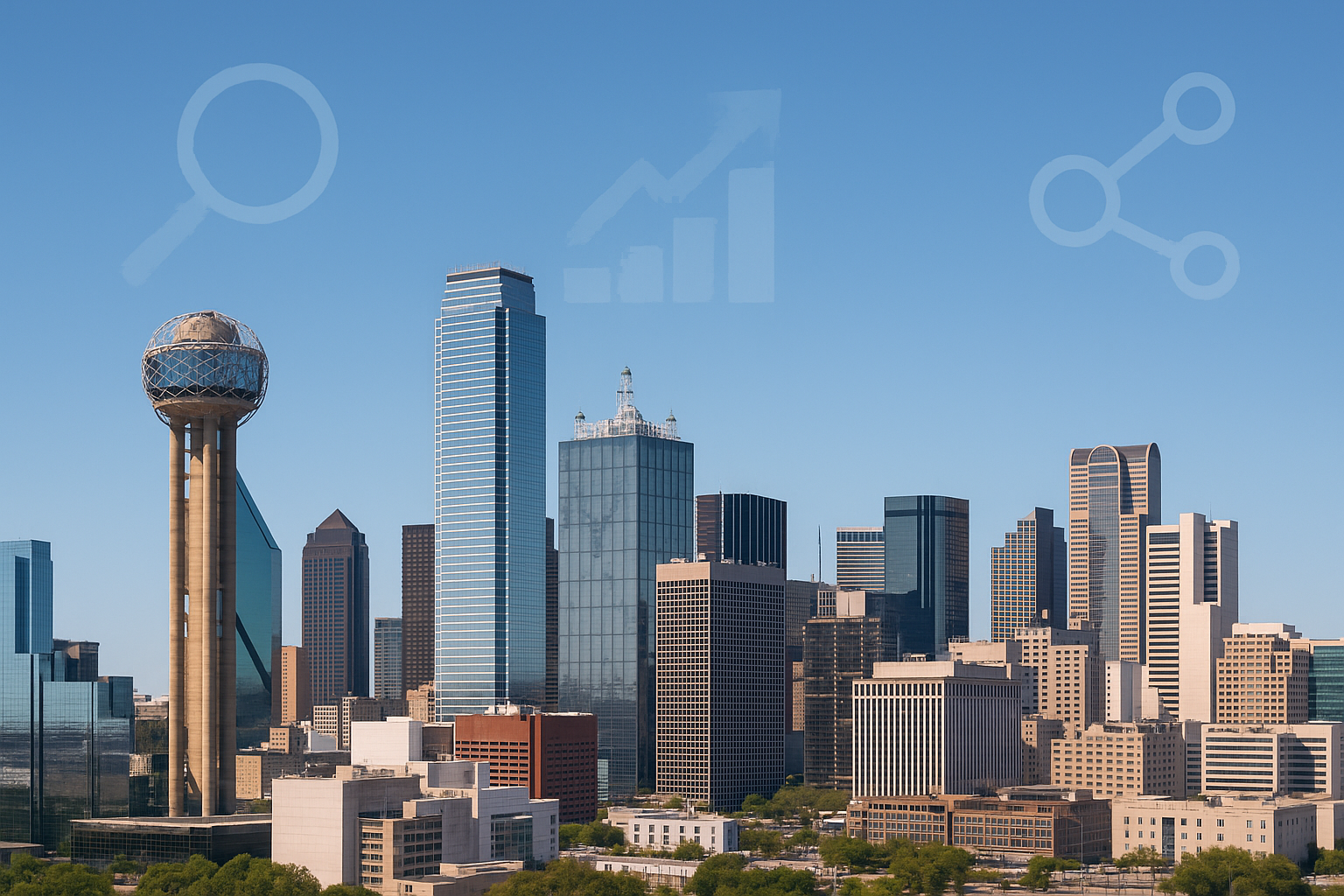 Skyline of Dallas city with subtle digital marketing icons representing SEO and online growth